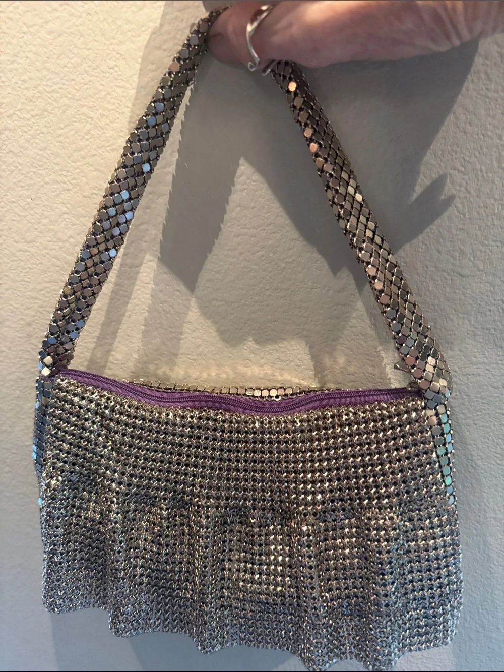 Liz Silver Mesh Clutch with Purple Lining